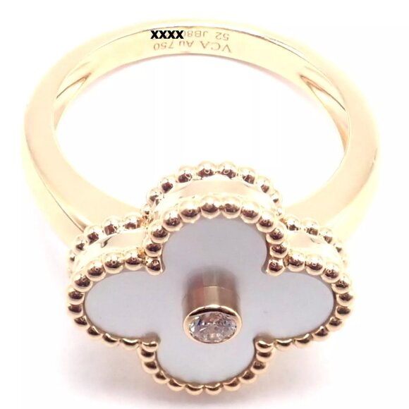 Van Cleef & Arpels Vintage Alhambra 18k Yellow Gold Mother Of Pearl Diamond Ring - Picture 7 of 10
